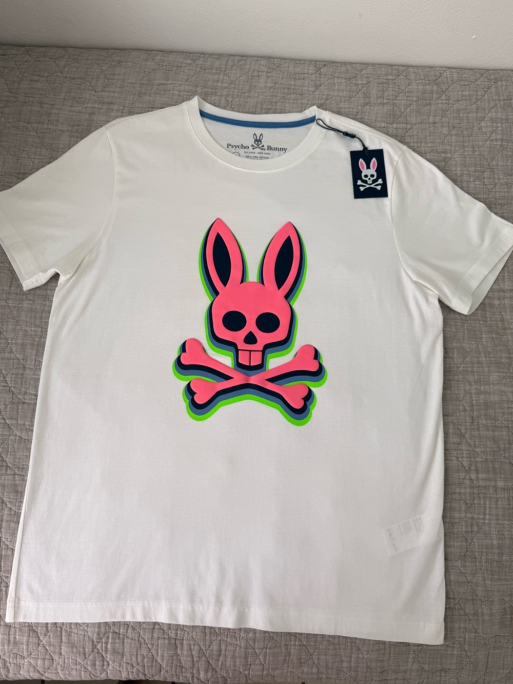 Psycho Bunny White T-Shirt with Blue Trim and Pink/Green Graphic - Picture 3 of 9